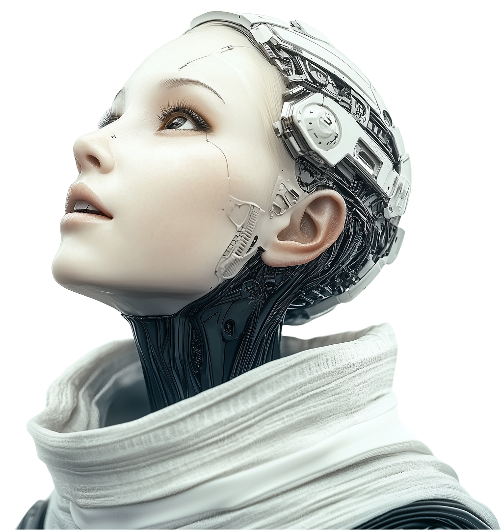 Futuristic female android gazing upward, showing detailed mechanical design and serene expression.