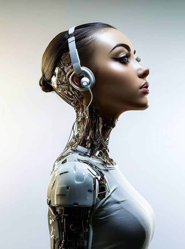 Profile of elegant female cyborg with exposed mechanics and headset, blending tech and humanity.