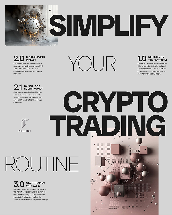 A visually dynamic poster displaying a step-by-step guide to starting crypto trading with IntelliTrade. The text "SIMPLIFY YOUR CRYPTO TRADING ROUTINE" is prominently displayed, accompanied by numbered steps detailing registration, opening a crypto wallet, and depositing funds. The design includes abstract 3D elements like spheres and cubes representing financial structures.
