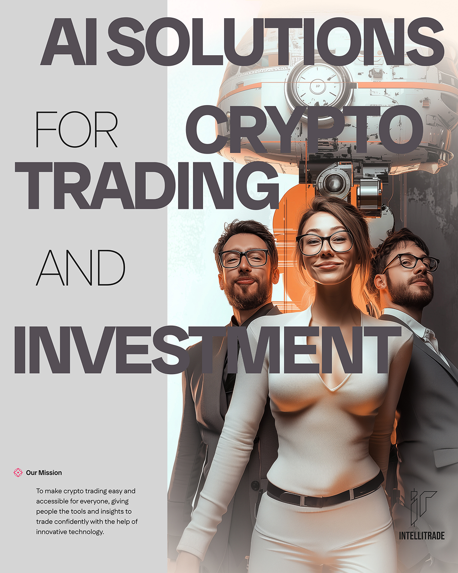 A modern and professional-looking group of three individuals, dressed in stylish business attire, stand confidently in front of an advanced AI-powered trading interface. The text reads, "AI SOLUTIONS FOR CRYPTO TRADING AND INVESTMENT," and a mission statement highlights the goal of making crypto trading accessible with innovative AI technology.