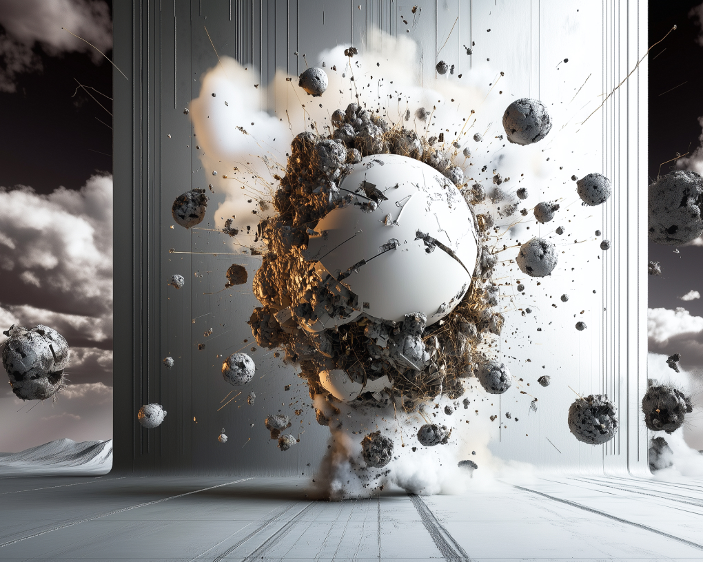 White sphere exploding with debris in a futuristic, high-contrast abstract environment.