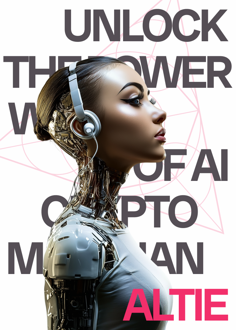 a cybernetic female figure symbolizing Altie, the AI-powered crypto-trading magician. The bold typography and futuristic design set the tone for an innovative, technology-driven brand.