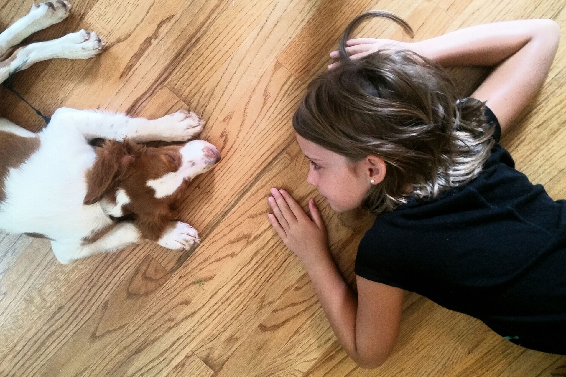 A girl and her dog lay comfortably on light-toned laminate flooring. The surface is both pet-friendly and durable, ideal for homes with active pets.