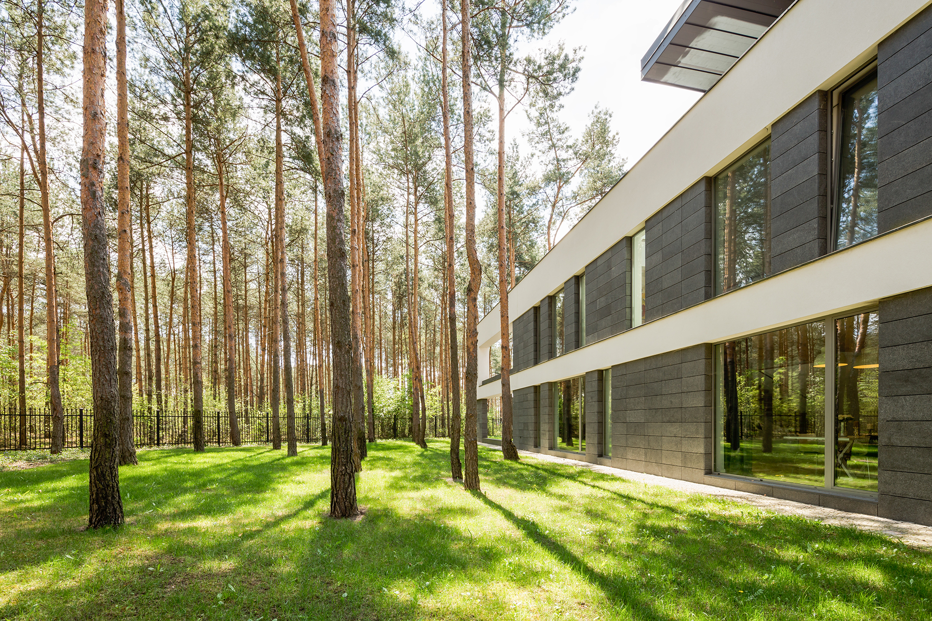 Large contemporary house with a green garden and mature trees, emphasising the value of eco-friendly construction materials. Blends modern architecture with sustainable living.