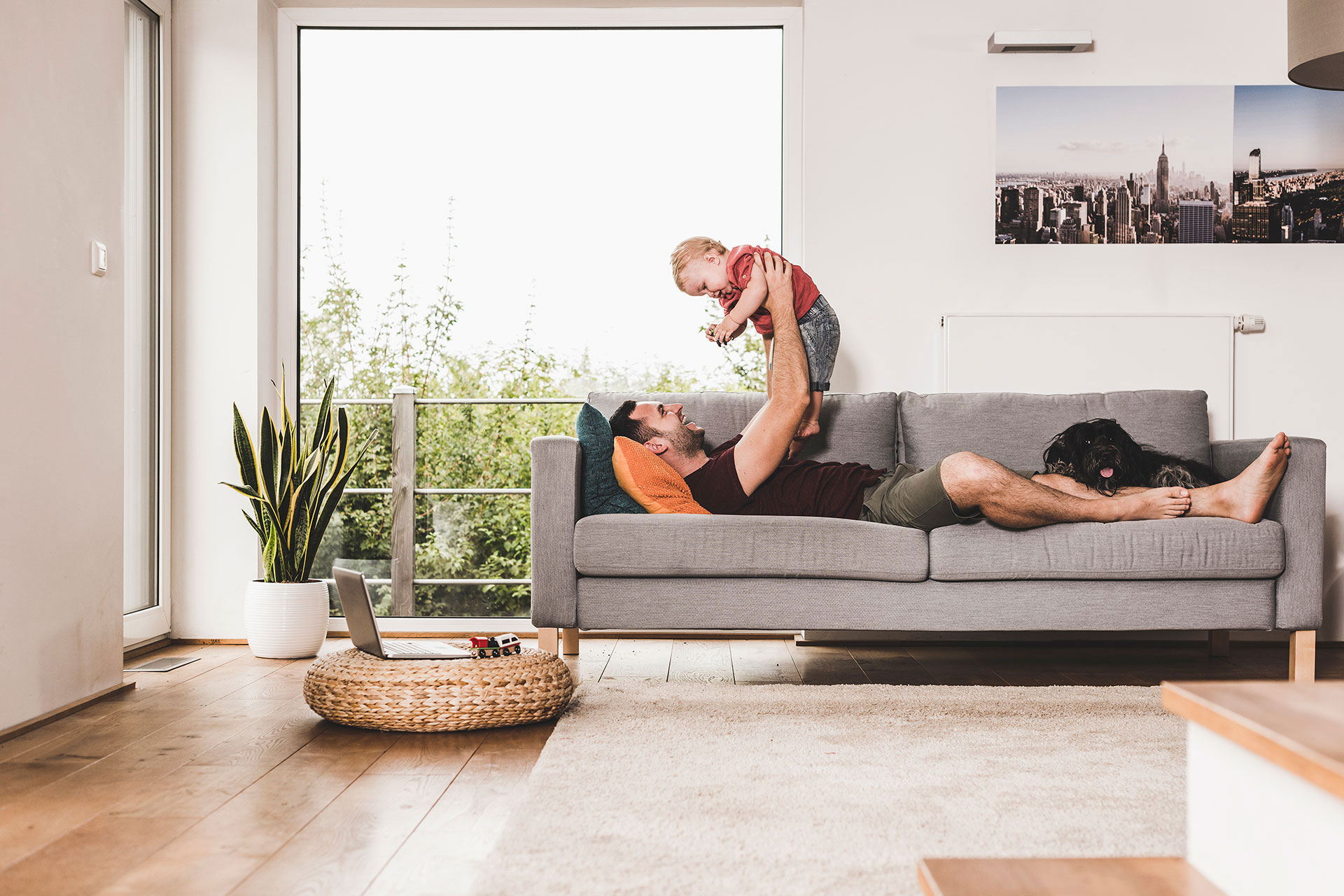 Father and son playing on a couch in a cozy living room featuring durable hybrid flooring.