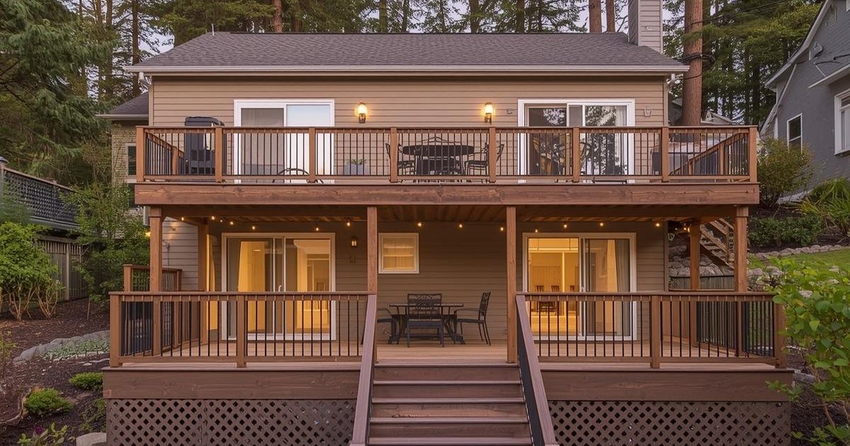Two-story home with a large upper and lower wooden deck featuring railings, outdoor seating areas, wide stairs, and warm exterior lighting, surrounded by trees and landscaped yard