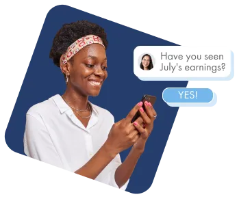 Woman smiling while holding phone and chatting