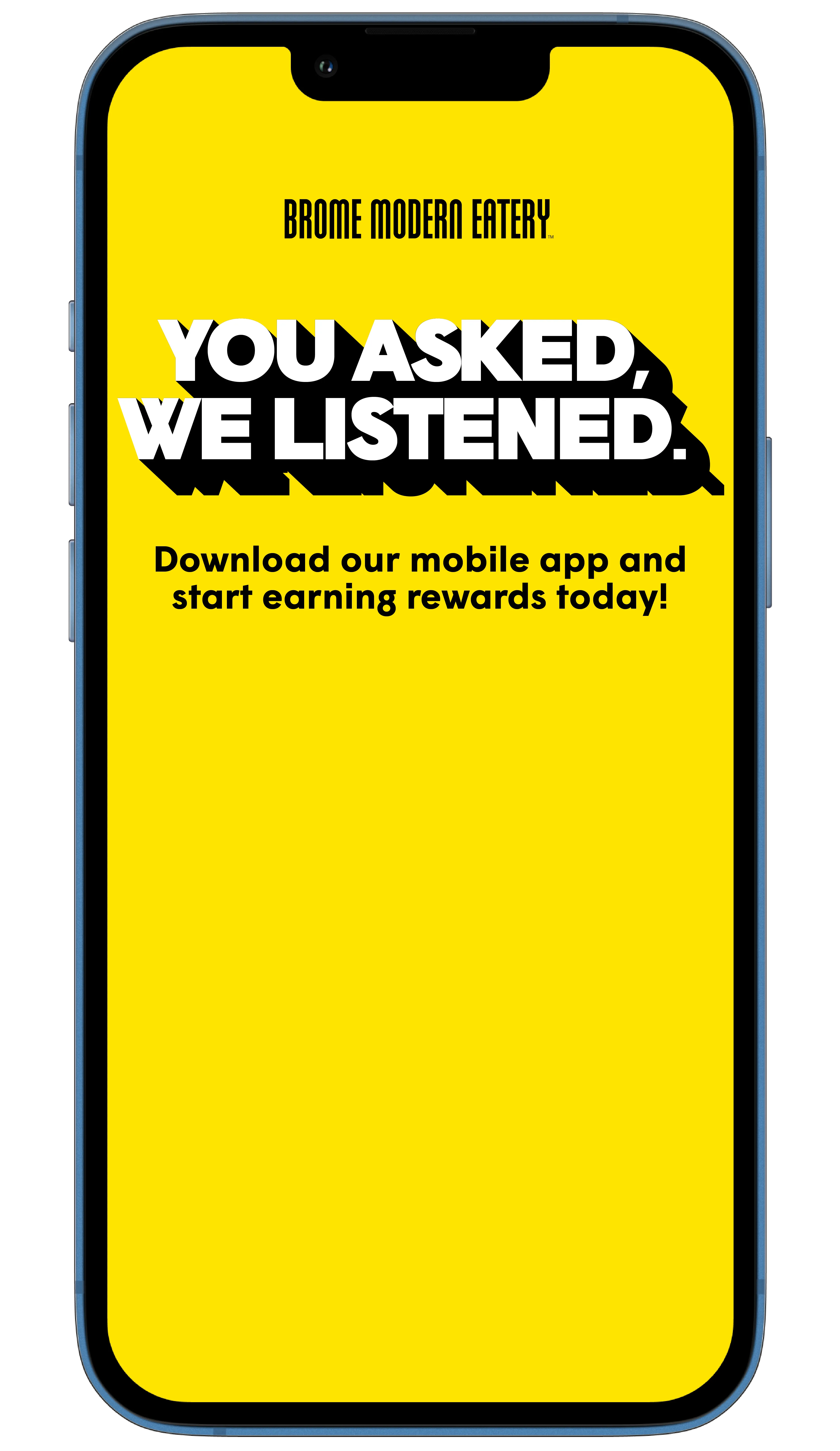 Brome Modern Eatery mobile app screen: download the app and start earning rewards
