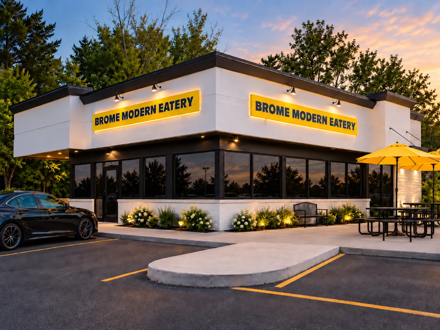 Brome Modern Eatery Novi building with patio seating