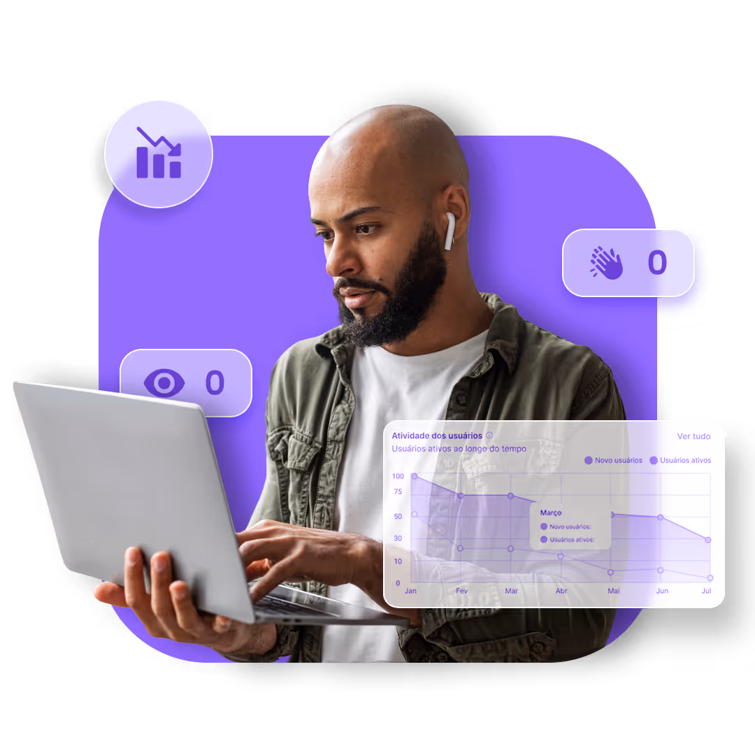 Man with earbuds using a laptop with a transparent overlay of a user activity graph and interaction icons on a purple background.