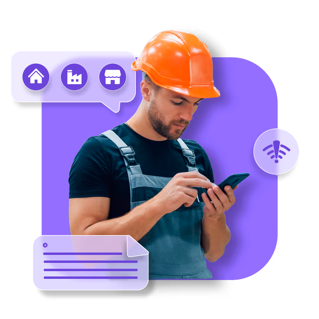 Man wearing an orange hard hat and work overalls using a smartphone with purple icons of a house, factory, store, wireless signal, and a document around him.