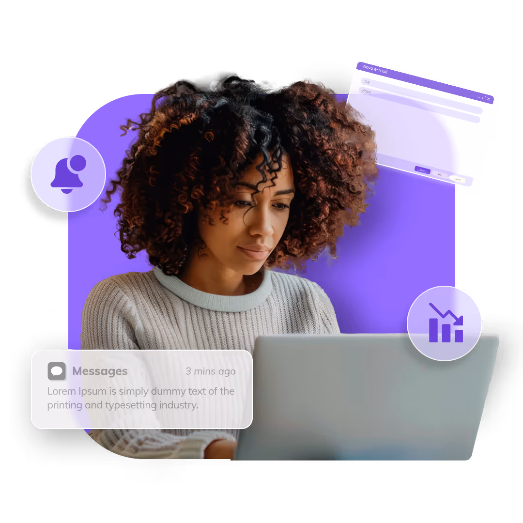 Woman with curly hair focused on a laptop with floating icons of notifications, messages, and a declining graph.