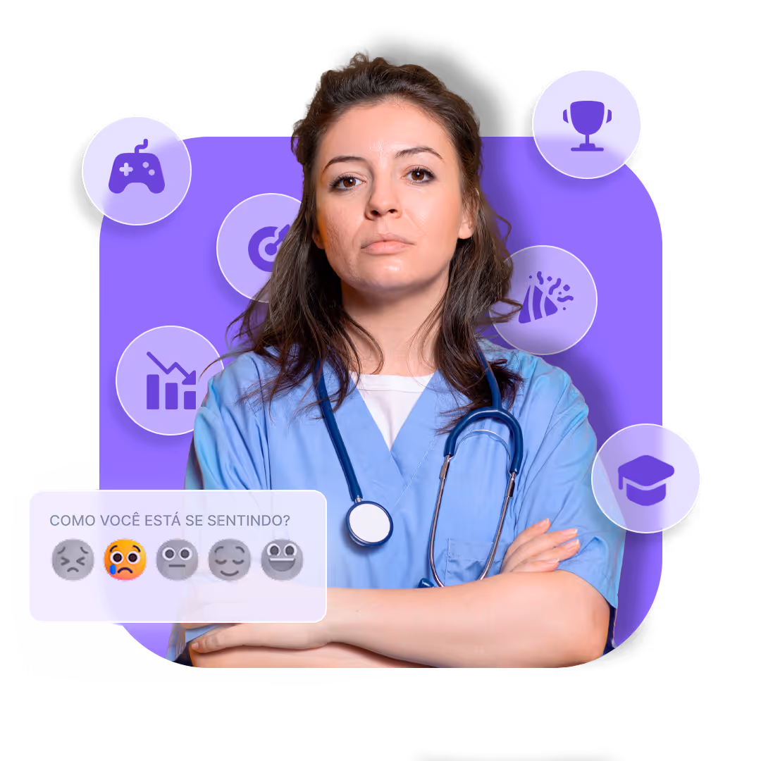 Serious female healthcare worker in blue scrubs with stethoscope and a mood survey in Portuguese asking 'How are you feeling?' with five emoji options.