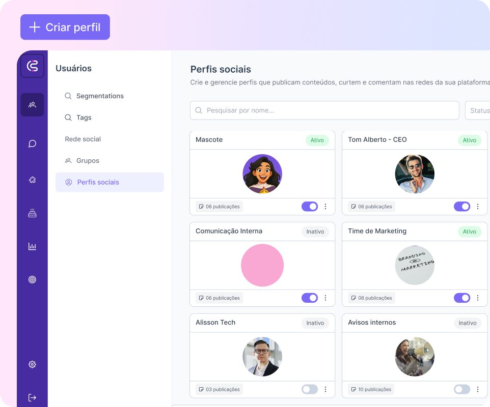 Tela de gestão de Personas Publicadoras da Comunitive mostrando perfis institucionais como CEO e RH