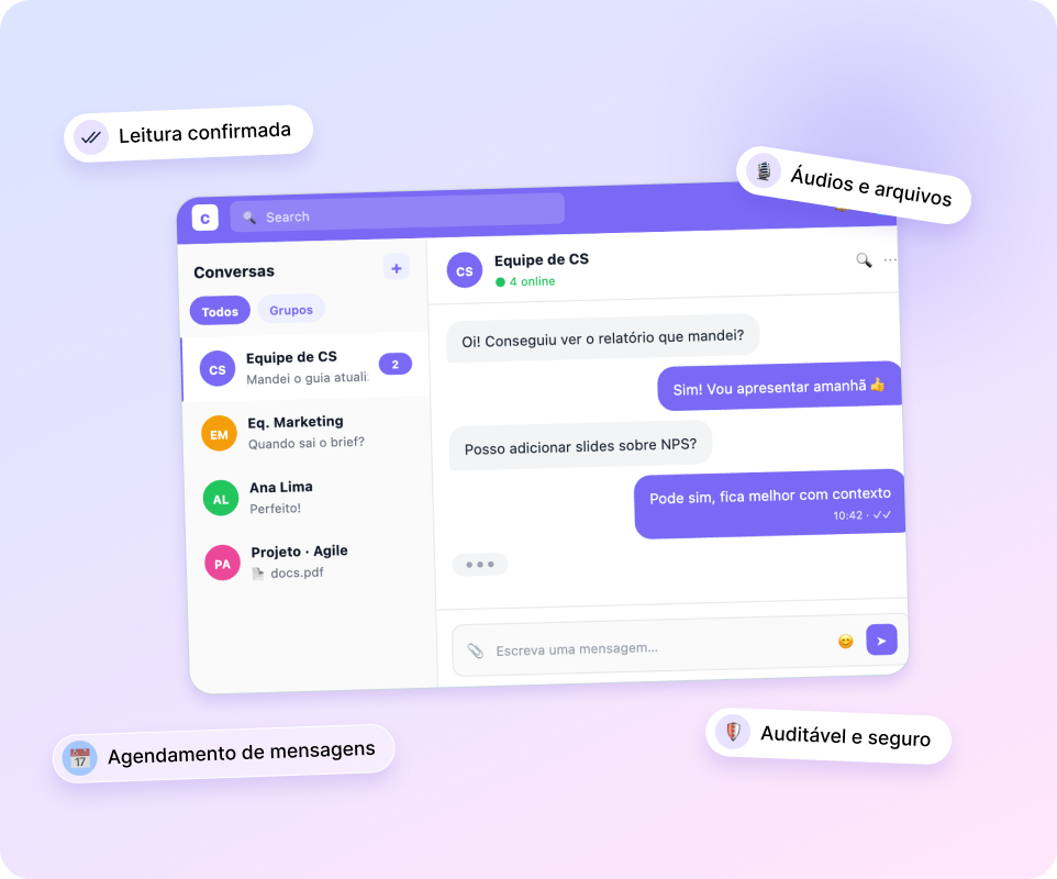 Interface do Chat entre colaboradores da Comunitive, mostrando conversas em grupo e mensagens em tempo real
