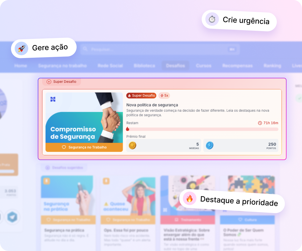 Interface de Super Desafios da Comunitive mostrando missões gamificadas e ranking de engajamento dos colaboradores