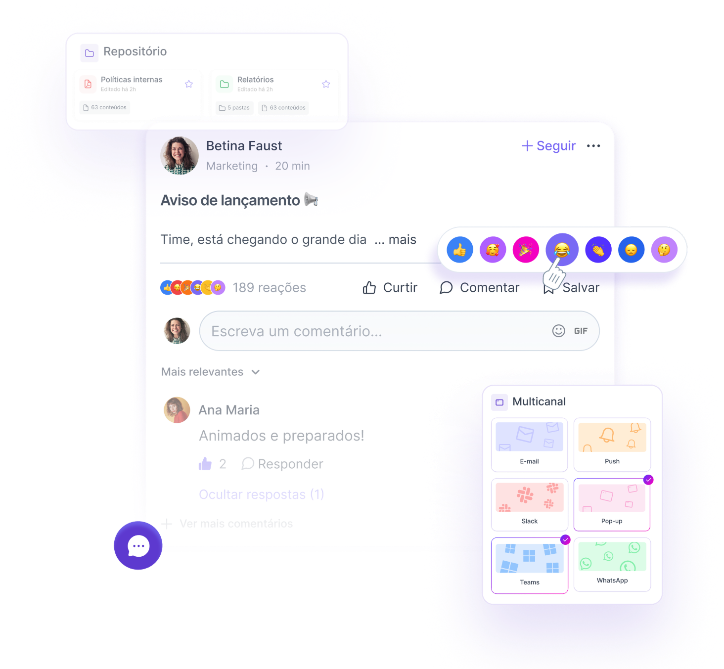 Interface for editing a popup notification titled 'Novo treinamento' with fields for title, alert text, image upload, and message, alongside a mobile preview showing a popup with a warning icon, message 'Novo treinamento disponível', and a 'Confirmar leitura' button.
