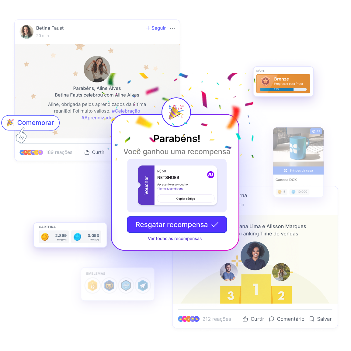 Digital interface showing a congratulatory message for winning a Netshoes voucher worth R$50 with options to redeem the reward and a celebration button, alongside user interactions, badges, and a ranking leaderboard.