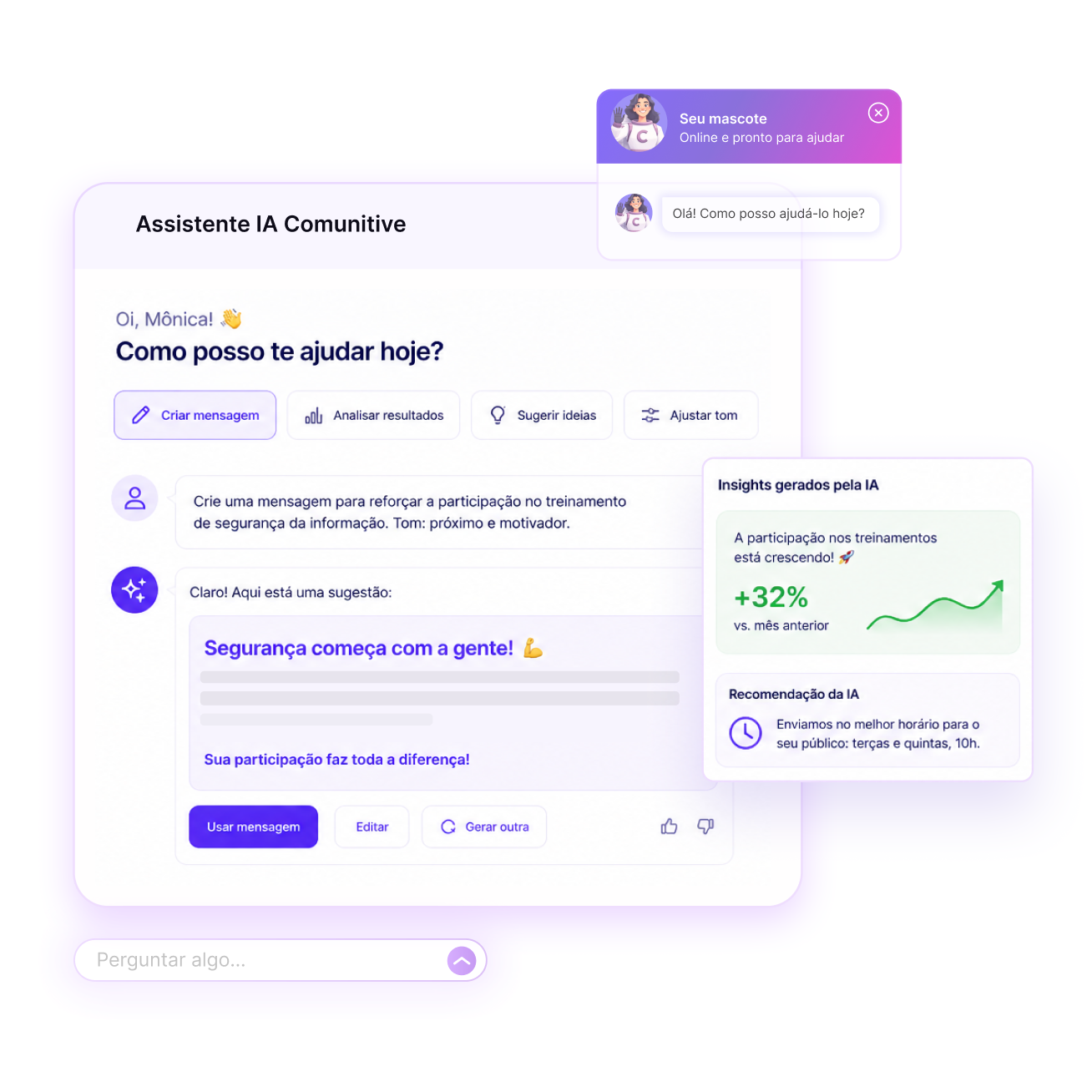 Interface of a Portuguese AI assistant named Comunitive interacting with a user named Mônica, suggesting a motivational message for security training and showing AI-generated insights including a 32% increase in participation and recommendations for optimal message timing.