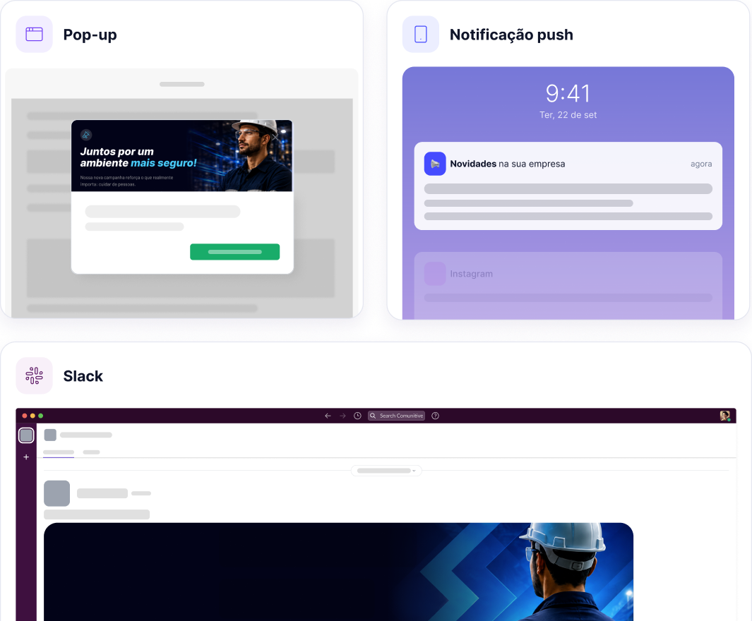 Prévia real do Figma: comunicados multicanais (pop-up, Slack)