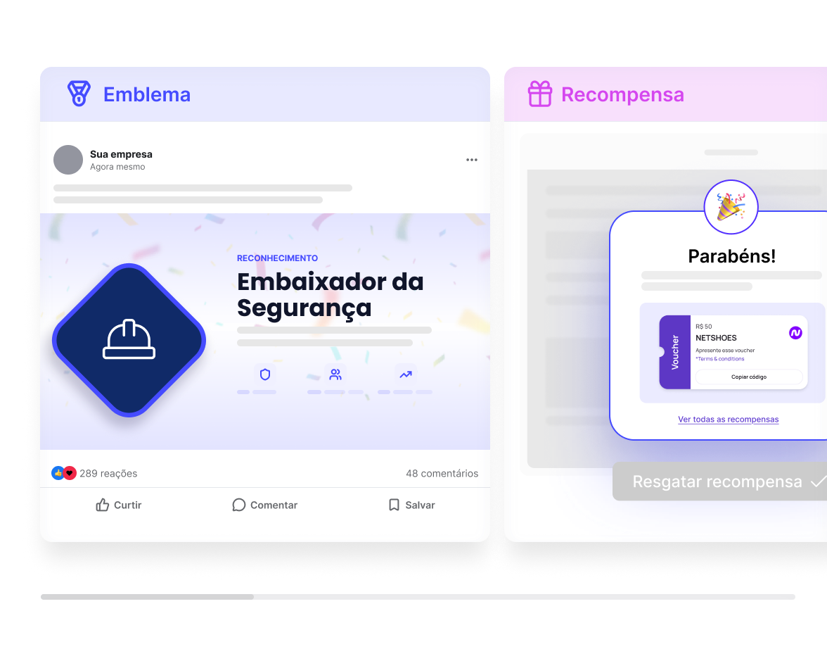 Prévia real do Figma: reconhecimento com emblema e recompensa