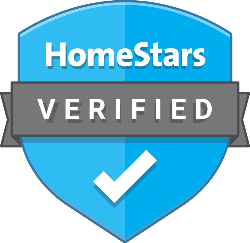 HomeStars verified badge with a blue shield, gray banner with text, and white checkmark.