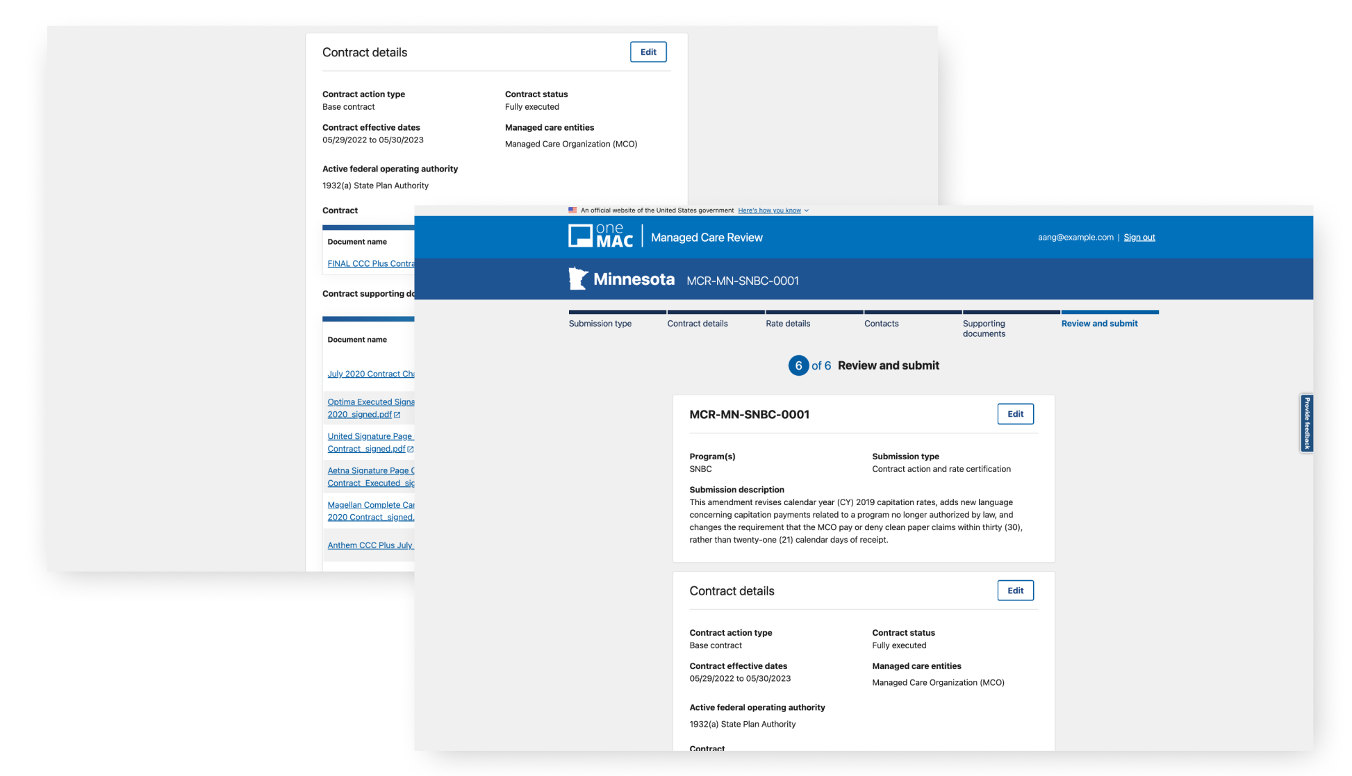 screenshot of managed care review and submit page sections