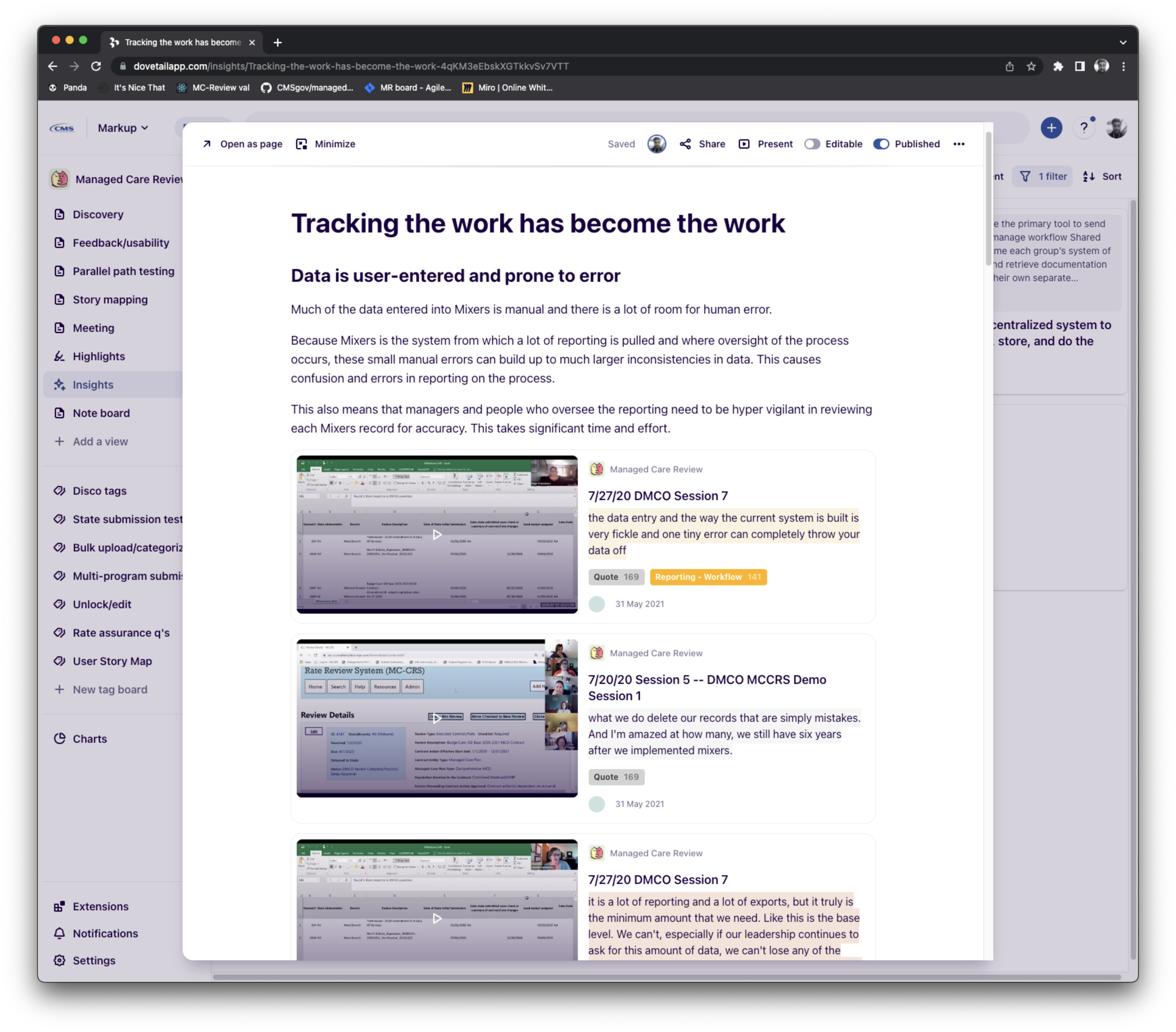 screenshot of dovetail showing research synthesis