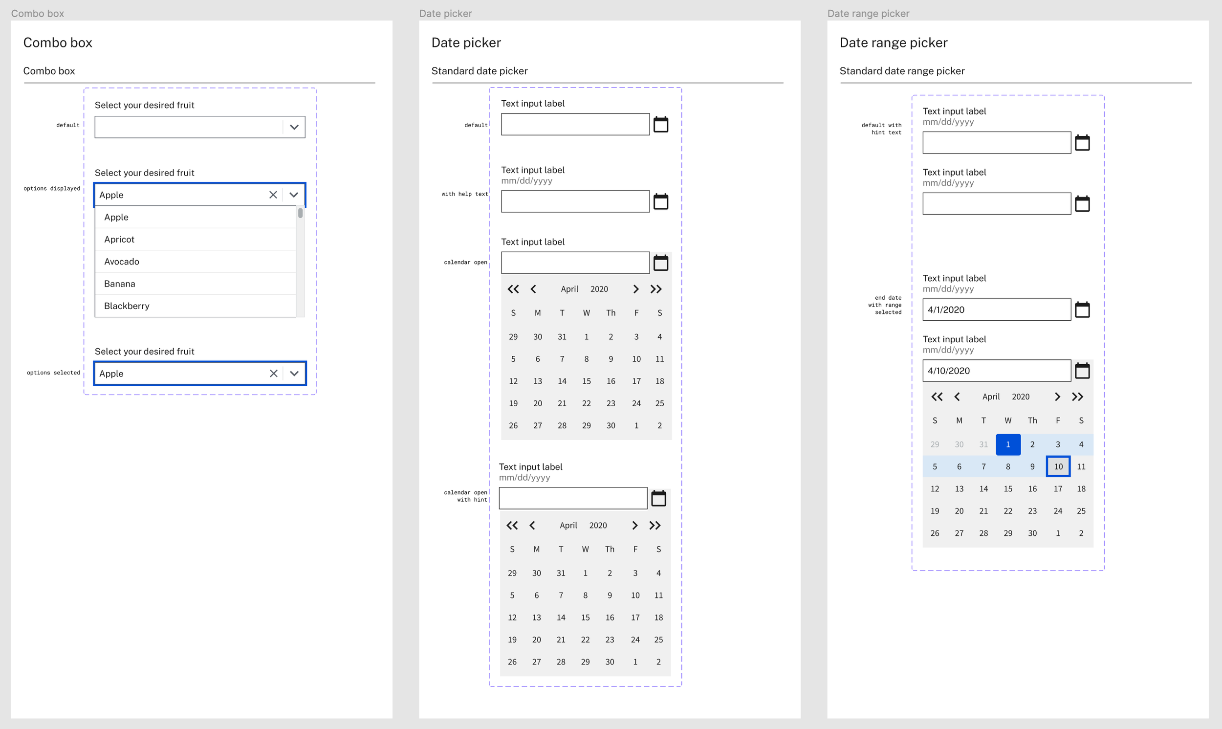screenshot of calendar and combo box components