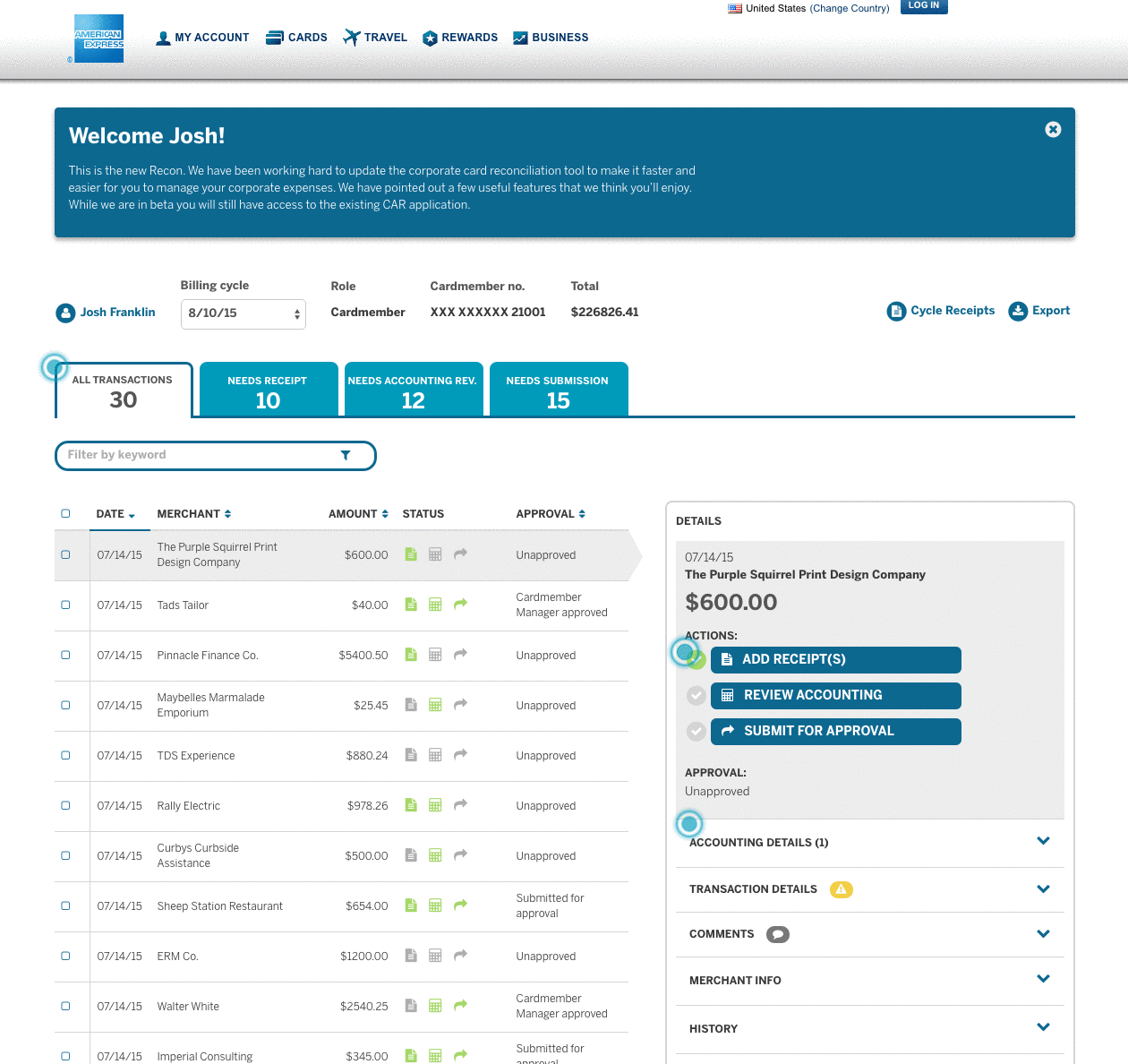 animation of amex recon first time UX experience