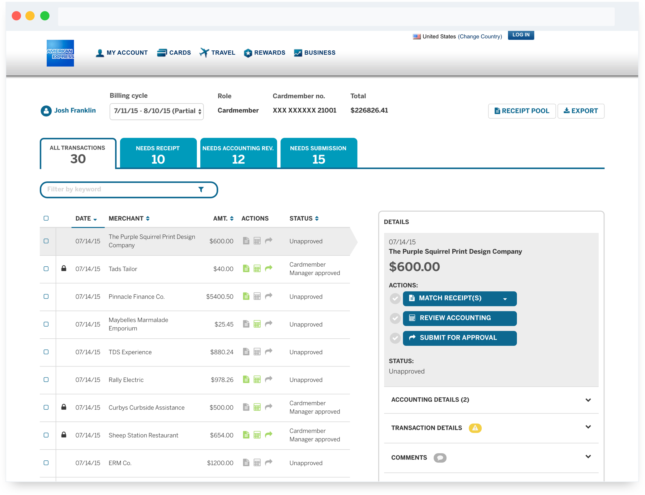 screenshot of amex recon hompage