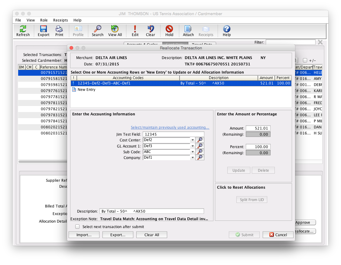 screenshot of legacy amex recon system