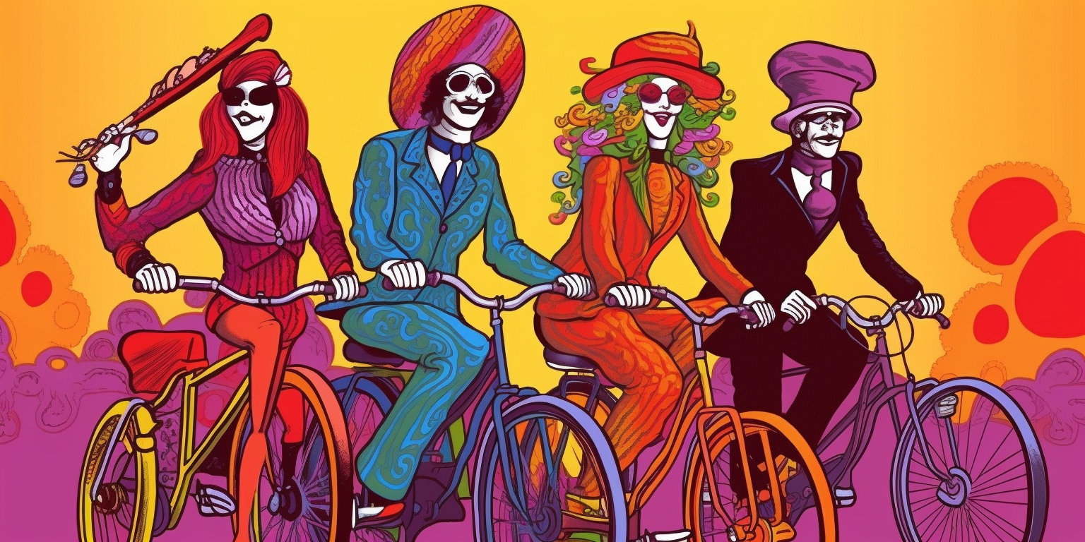 Illustration of four skeleton figures dressed in colorful retro clothing riding bicycles against a vibrant yellow and purple background.