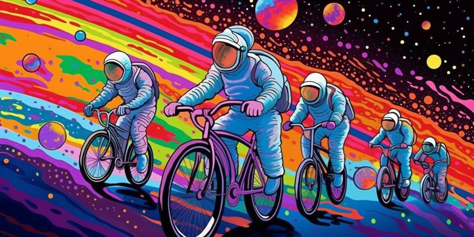 Five astronauts riding bicycles through a colorful, swirling outer space scene with planets and stars.