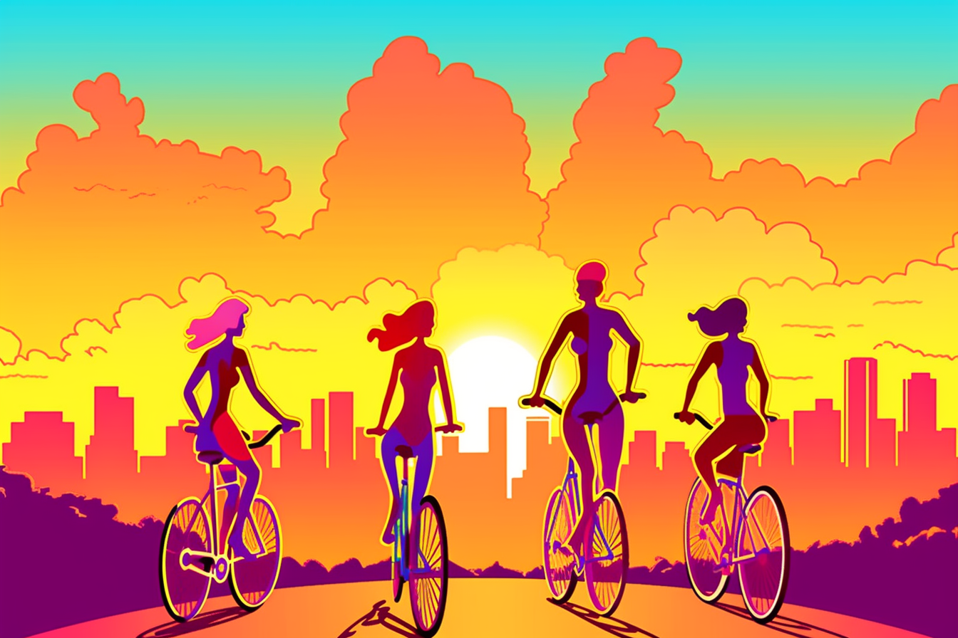 Illustration of four women riding bicycles toward a city skyline at sunset with vibrant orange, yellow, and purple hues.