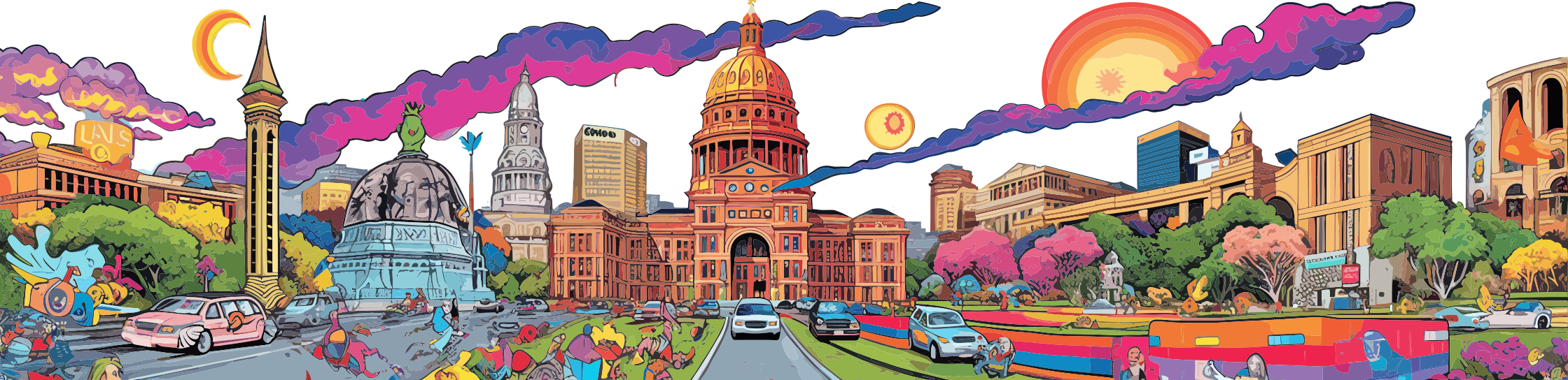 Colorful illustrated cityscape featuring a central capitol building, historic statues, and vibrant trees under a crescent moon and animated sun.