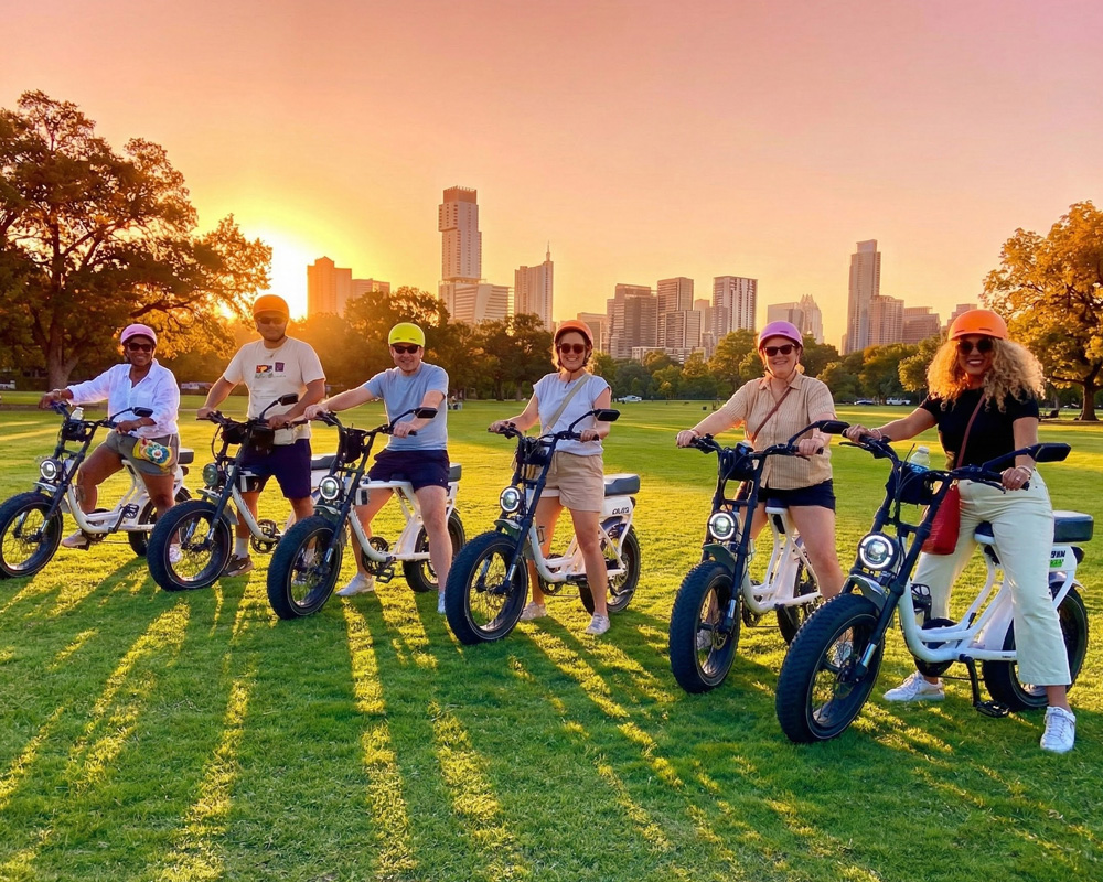 Six people wearing helmets on electric bikes in a park with city skyline and golden sunset in the background.
