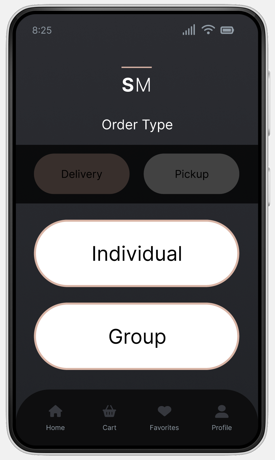 Sugar Mama's Bakery mobile app Order Type screen