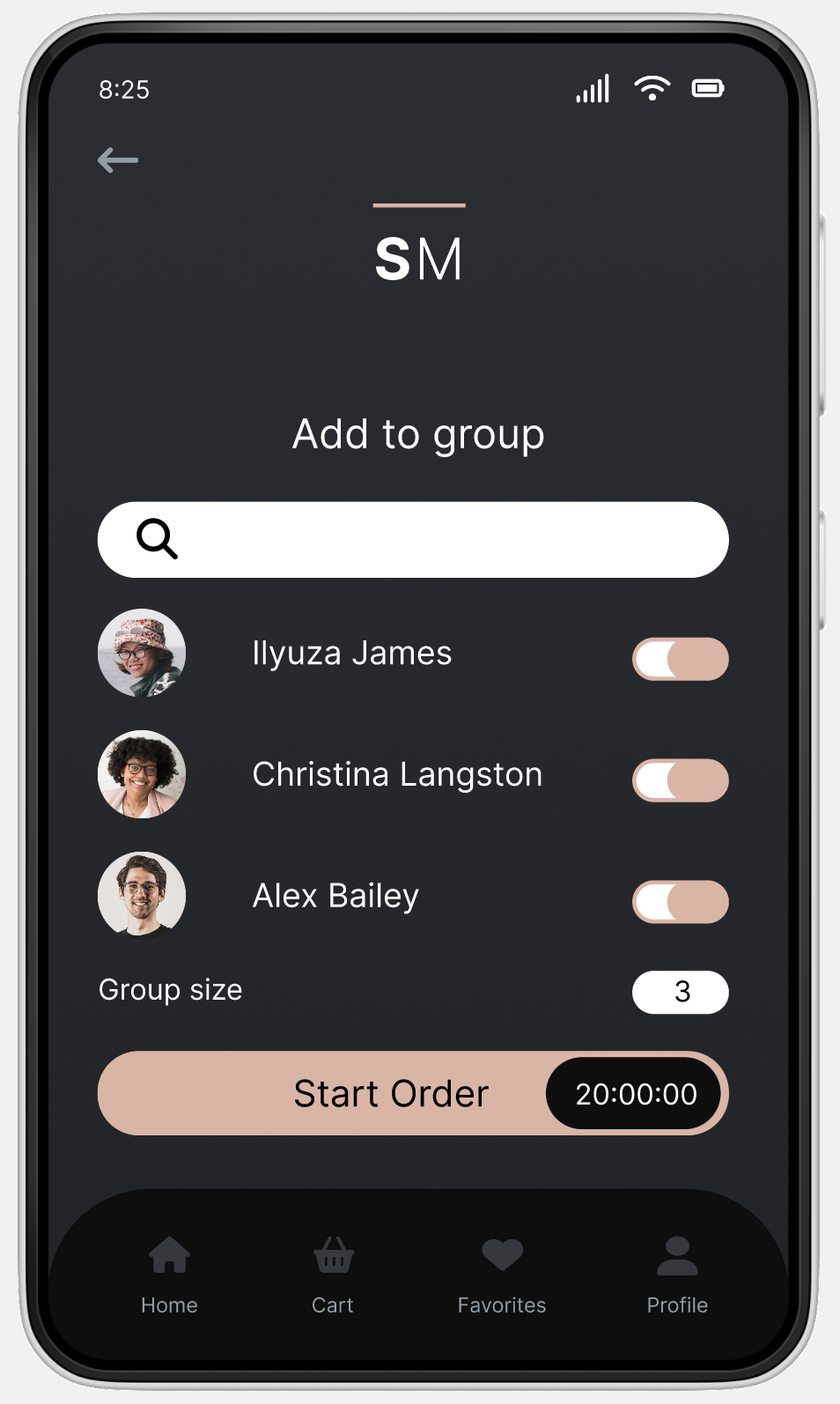 Add to group screen of mobile app