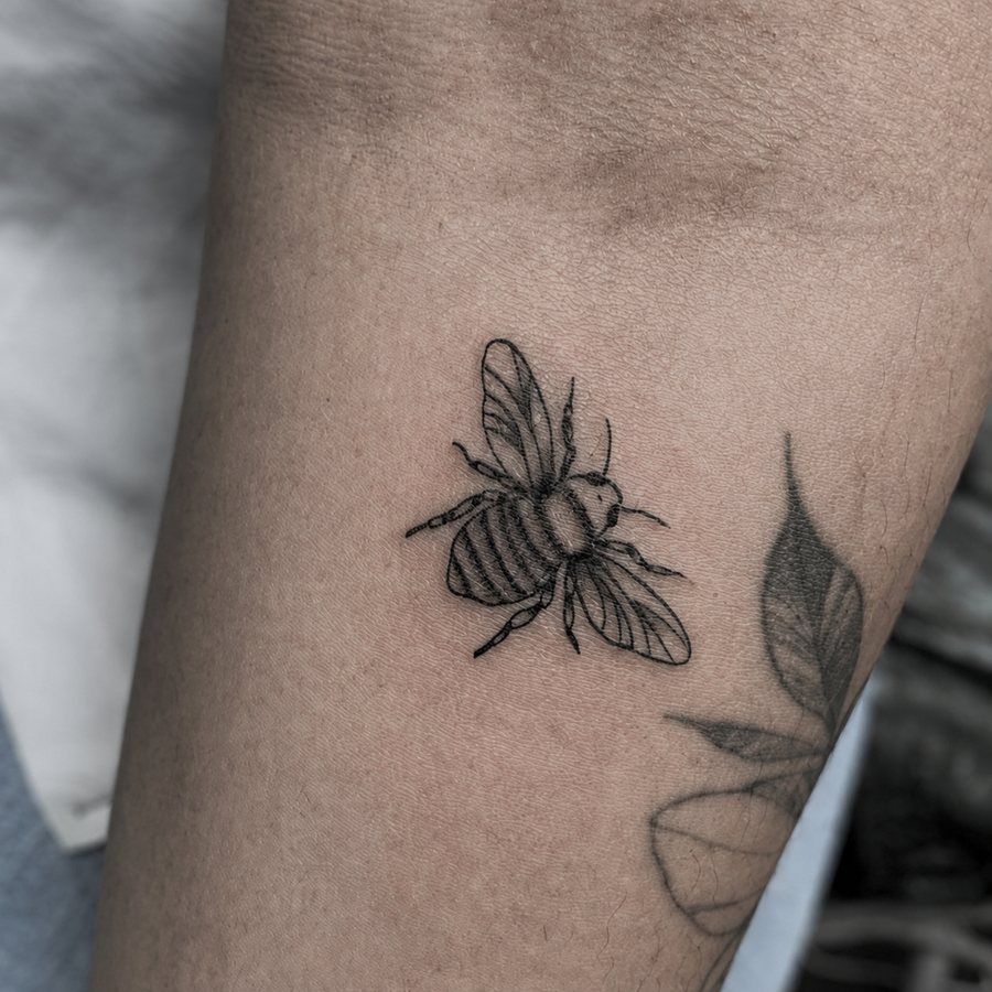 Small black bee tattoo on a person's arm