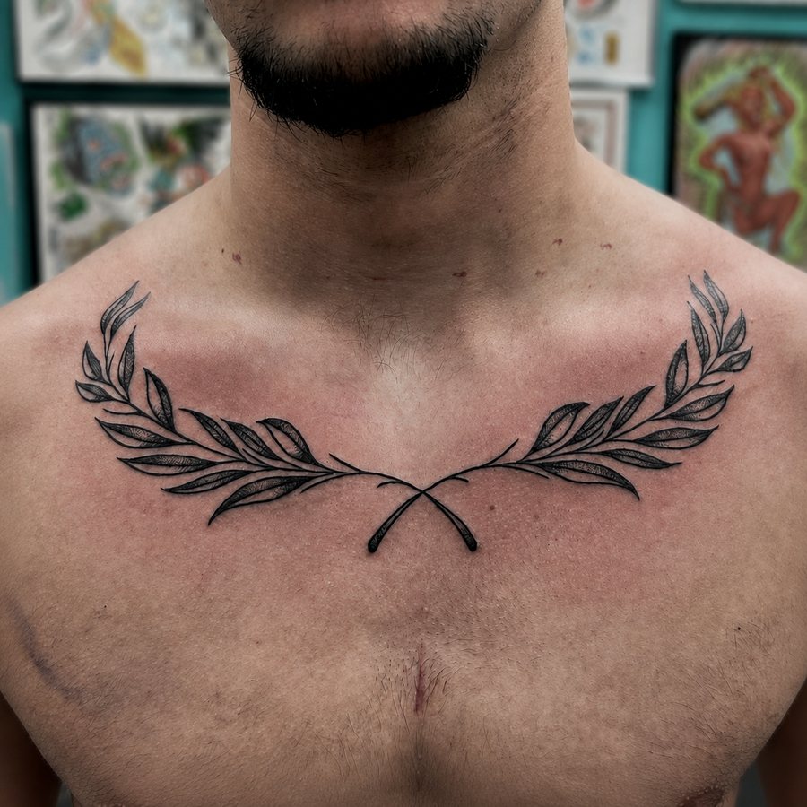 Black-and-grey leafy branches crossing over a chest tattoo