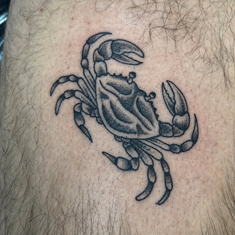 Black-and-grey crab tattoo on a leg