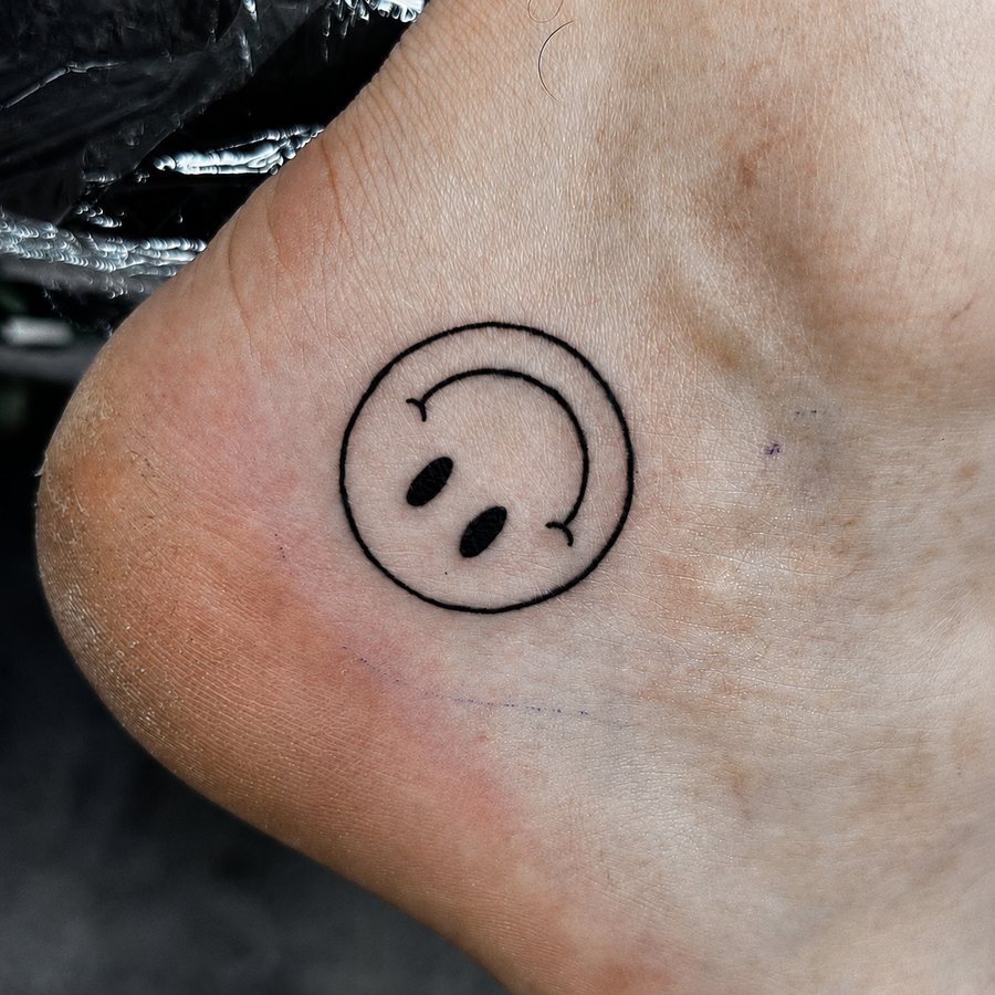 Minimal black circular face tattoo with two oval eyes