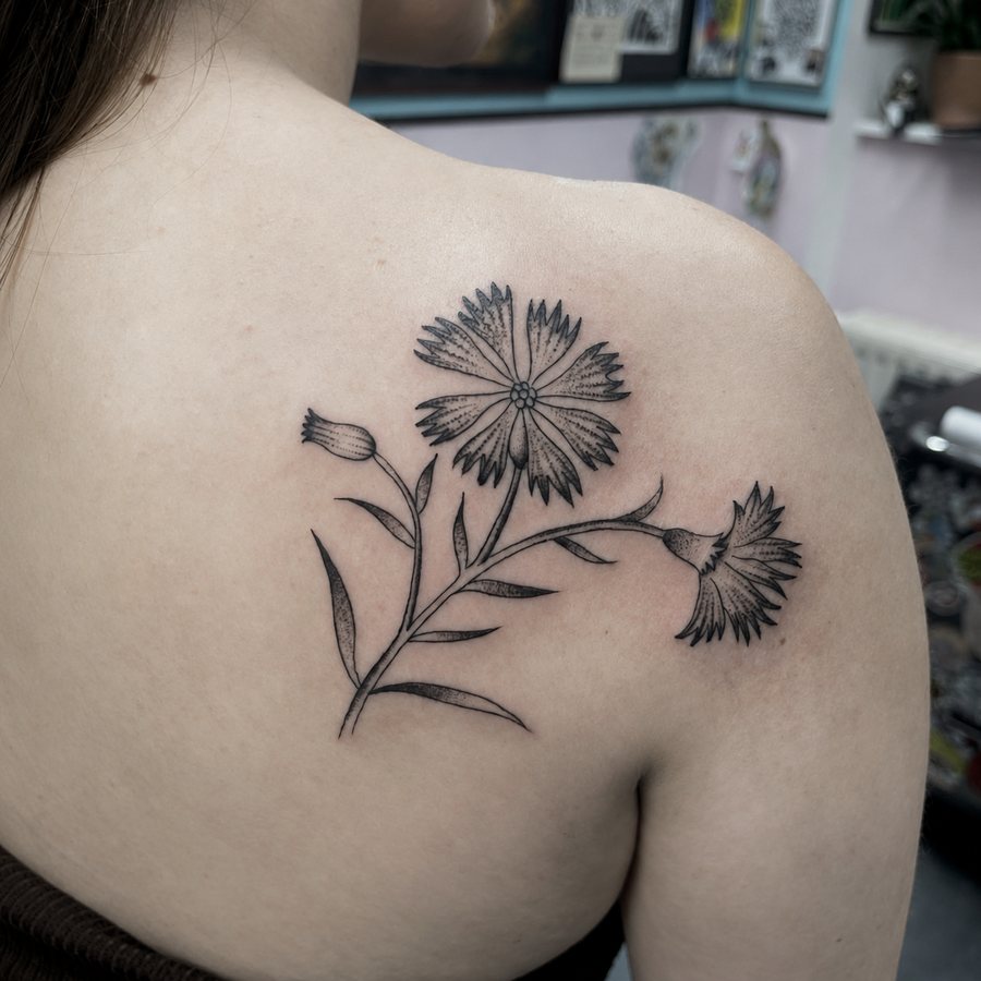 Black-and-grey botanical flower branch tattoo across a shoulder
