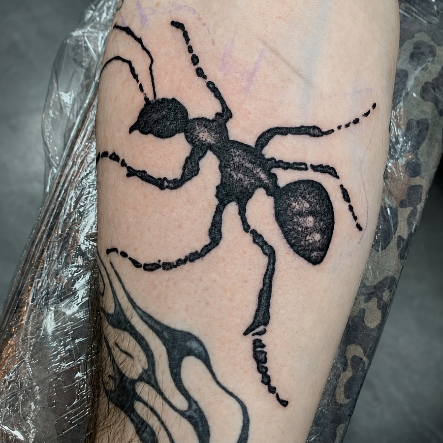 Detailed black ant tattoo with dotted lines on a leg