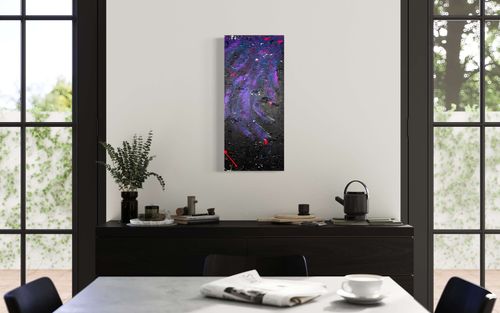 "Starry Abyss" is a stunning commissioned abstract painting with heavy black texture throughout the canvas, iridescent blue and violet brushstrokes, and white and neon paint splatters. It evokes a sense of mystery and wonder, with the splatters resembling stars in the night sky.
