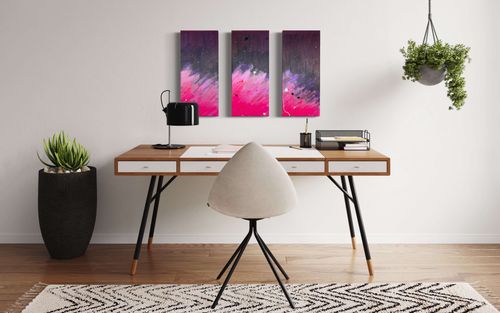 “A New Dawn” is a commissioned 3-panel abstract painting that features vibrant colors and a modern design with splatters of white, black, and pink to add depth and texture. It captures the essence of new beginnings, hope, and vitality and can complement a variety of decor styles. Crafted with high-quality materials, this painting is a lasting investment for any home or office.