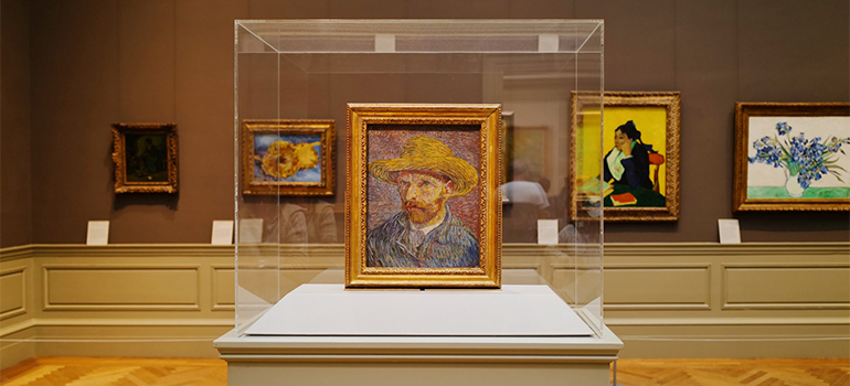 A painting in a protective glass case