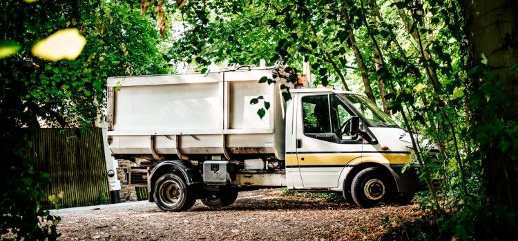 A moving truck parked under a tree
