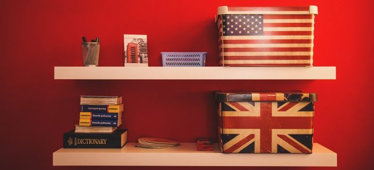 declorative boxes on the shelves